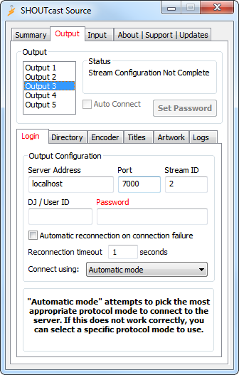 Shoutcast Source Output Tab showing password configuration error